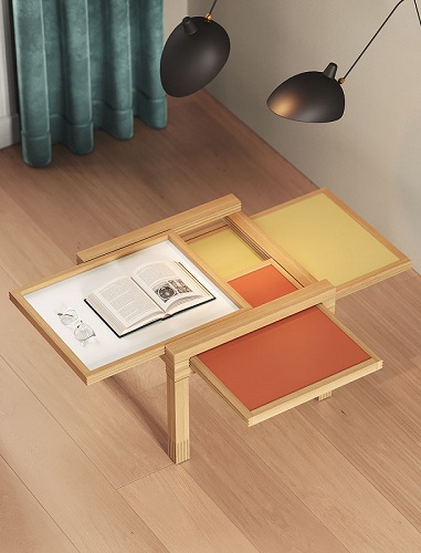 Table basse modulable PAR 3 de Sculptures Jeux en bois massif avec plateaux pivotants
